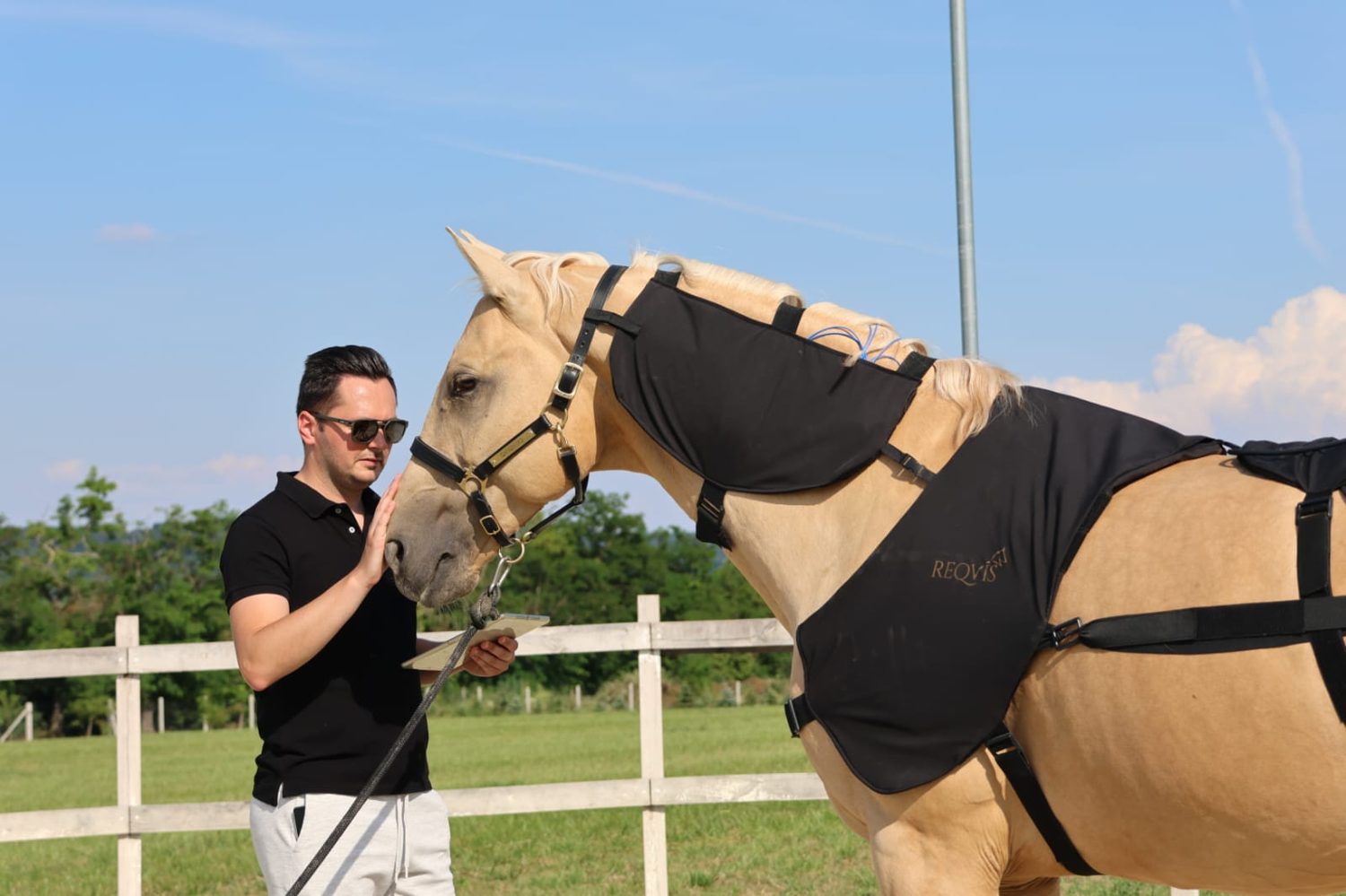 An owner with their horse wearing the REQVIS neck and shoulder blanket